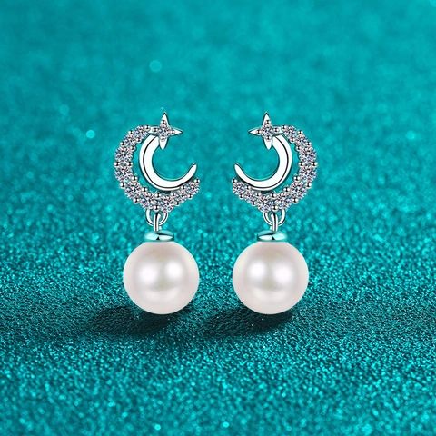 Boucles d'Oreilles Clous en Argent Sterling 925 Moissanite Perle d'Eau Douce Étoile Lune pour Femmes Mignon Élégant Bijoux