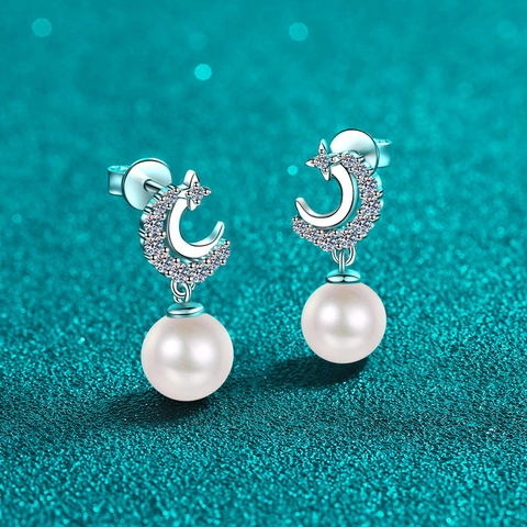 Boucles d'Oreilles Clous en Argent Sterling 925 Moissanite Perle d'Eau Douce Étoile Lune pour Femmes Mignon Élégant Bijoux