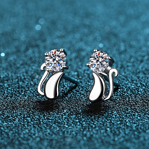 925 Sterling Silver Moissanite Cat Stud Earrings For Women Cute Animal Zirconia Earring Jewelry With 925 Silver Post