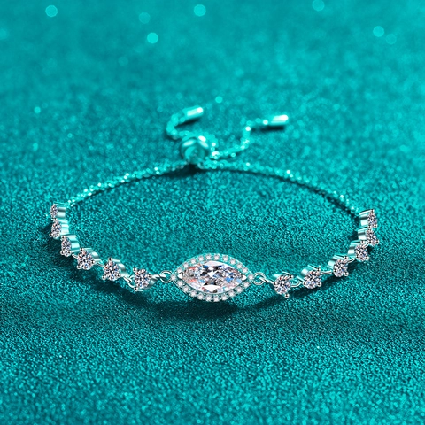 Bracelet S925 Argent Sterling Coupe Marquise Moissanite Bleu Royal Blanc Zirconia Coulissant Réglable Bijoux Élégants Femme