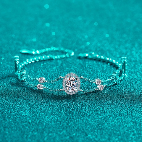 Luxury 925 Sterling Silver Oval Moissanite Bracelet For Women Trendy Double Chain Halo Blue White Stone Bracelet Jewelry Gift