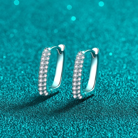 925 Sterling Silver Moissanite Huggie Earrings For Women Minimalist Double Row Geometric Rectangular Hoop Fine Jewelry