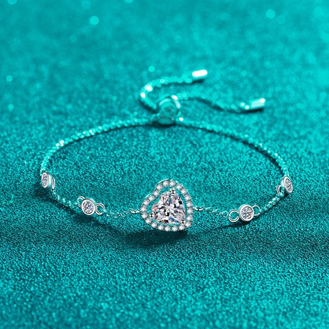 Luxury 925 Sterling Silver Heart Bracelet For Women 1ct Moissanite Zirconia Adjustable Pull Chain Fashion Jewelry Bracelet Gift