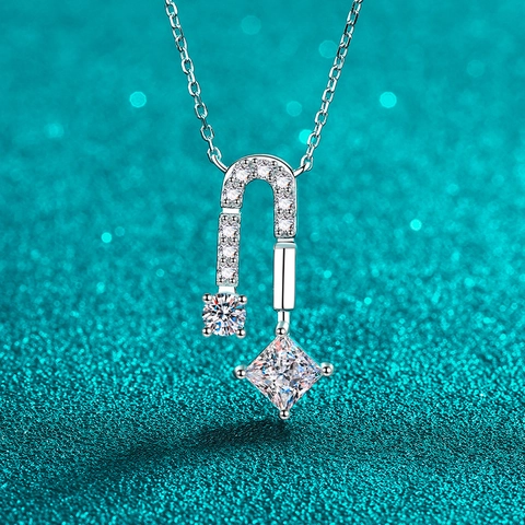 925 Sterling Silver Moissanite Necklace Geometric U-Shape Design Luxury Square Round Stone Pendant Jewelry Gift for Women