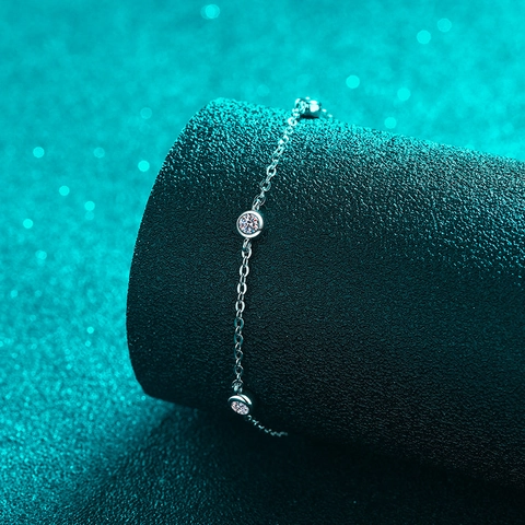 Bracciale Station in Argento Sterling S925 Con Moissanite per Donna Minimalista Castone Bolla Catena Regolabile Gioielli Regalo