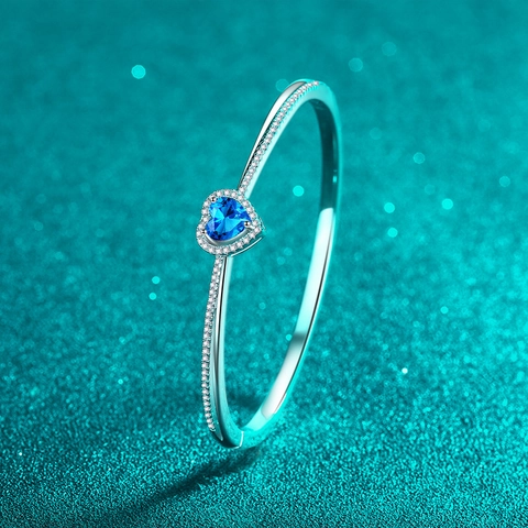 925 Sterling Silver Moissanite Heart Bangle Bracelet For Women 1.45ct Heart Cut Blue White Moissanite Elegant Jewelry Gift
