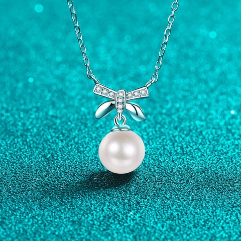 Collier Pendentif Nœud en Argent Sterling 925 Moissanite Perle d'Eau Douce Élégant Chaîne de Clavicule Bijoux pour Femmes Cadeau