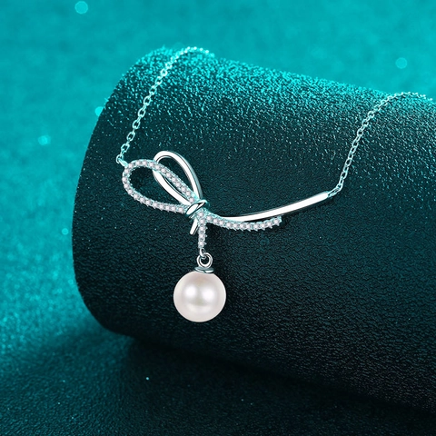 Collana con Pendente a Fiocco in Argento Sterling S925 Moissanite e Perla d'Acqua Dolce Gioielli Eleganti per Donna Matrimonio