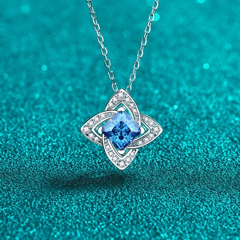 925 Sterling Zilver Moissaniet Hanger Ketting Voor Vrouwen Koningsblauw Vierkant Prinses Slijpvorm Zirconia Klavertje Vier Sieraden