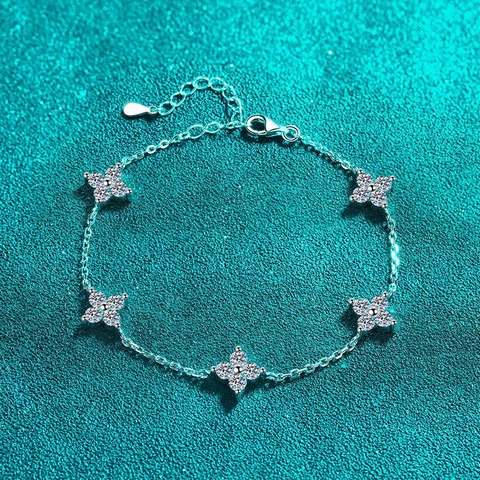 Braccialetto Quadrifoglio in Argento Sterling S925 Con Moissanite per Donna Moda Minimalista Bracciale a Catena Esagramma Regolabile