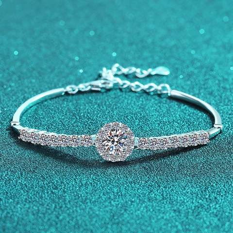 925 Sterling Silver Moissanite Round Halo Bracelet Sparkling Full Diamond Bangle Fashion Jewelry Gift For Women Girlfriend
