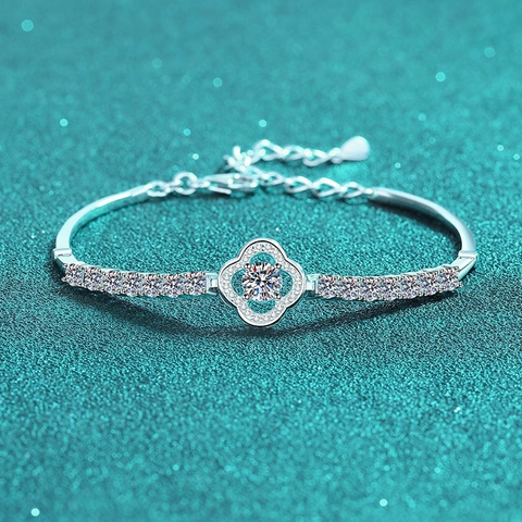 Pulsera de Trébol de Cuatro Hojas de Plata de Ley 925 Moissanita para Mujer Diseño Hueco Ajustable Pulsera de Joyería de Moda