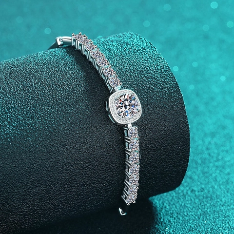 Bracciale Moissanite in Argento Sterling S925 Design Halo Tondo Quadrato Braccialetto Tennis per Donna Gioielli