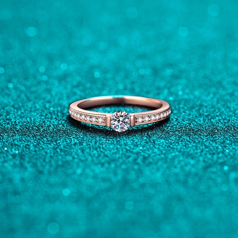Elegant S925 Sterling Silver Champagne Gold Plated Moissanite Ring For Women Minimalist Round Cut Fashion Jewelry Finger Ring