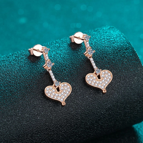 S925 Sterling Silver Moissanite Heart Drop Earrings Champagne Gold Plated Minimalist Sweet Stud Earrings For Women Jewelry Gift