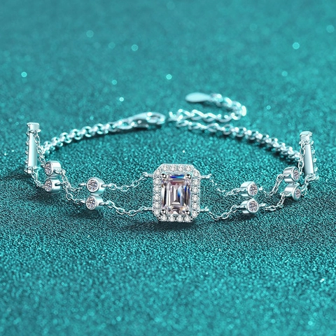 Bracciale a Doppia Catena in Argento Sterling S925 Con Moissanite e Zirconia Rettangolare Taglio Smeraldo Radiant Intarsiato a Mano Gioielli Donna Lusso Leggero