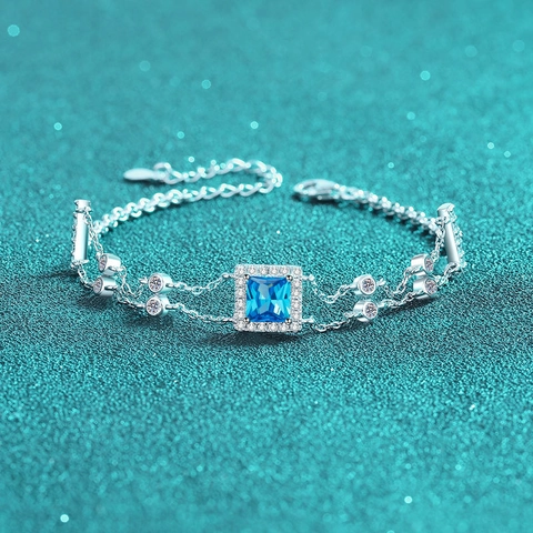 925 Sterling Silver Moissanite Bracelet Royal Blue Square Gemstone Double Chain Bracelet Simple Jewelry Gift For Women