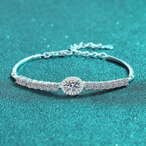 Elegantes 925 Sterlingsilber Moissanit Armband Für Damen Ovaler Blauer Edelstein Verstellbare Halo Tennis Gliederkette Schmuck