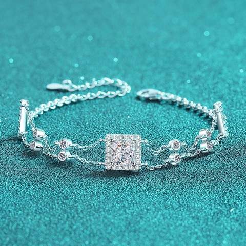 925 Sterling Silver Moissanite Bracelet Royal Blue Square Gemstone Double Chain Bracelet Simple Jewelry Gift For Women