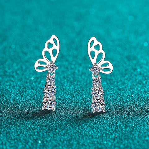 Elegant S925 Sterling Silver Butterfly Moissanite Stud Earrings For Women Luxurious Graduated Round Stone Drop Earrings Jewelry Gift