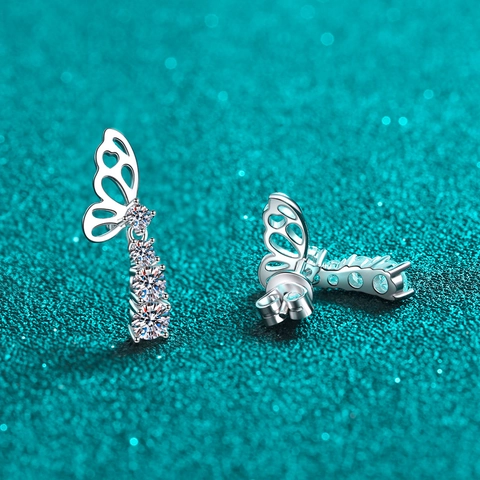 Elegant S925 Sterling Silver Butterfly Moissanite Stud Earrings For Women Luxurious Graduated Round Stone Drop Earrings Jewelry Gift