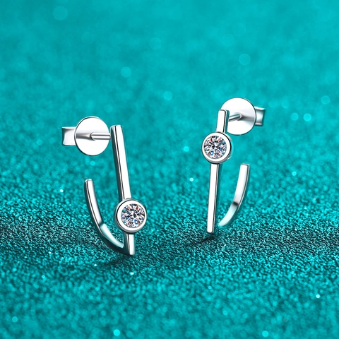 Pendientes de Botón de Plata de Ley S925 Minimalistas Línea Geométrica Moissanita para Mujer Poste de Plata 925 Joyería de Moda