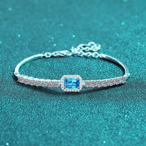 Luxury 925 Sterling Silver Moissanite Bracelet For Women Emerald Radiant Cut Blue White Stone Elegant Adjustable Hand Jewelry