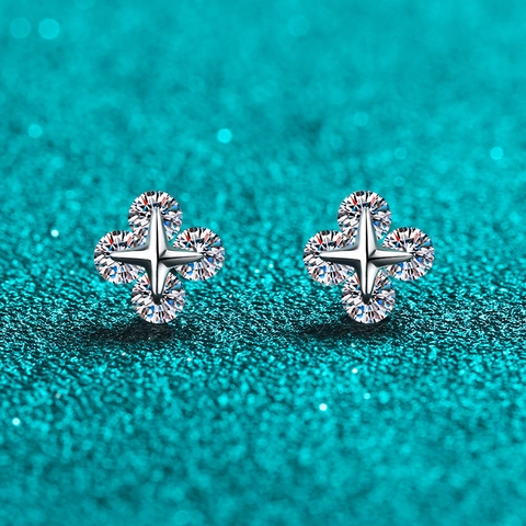 Pendientes de Botón de Estrella de Moissanita de Plata de Ley S925 para Mujer Minimalista Estrella de Cuatro Puntas Flor Elegante Joyería de Regalo