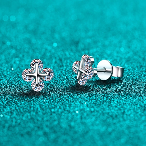 Pendientes de Botón de Estrella de Moissanita de Plata de Ley S925 para Mujer Minimalista Estrella de Cuatro Puntas Flor Elegante Joyería de Regalo