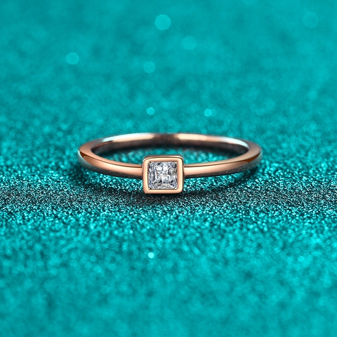 Anello in Argento Sterling S925 Con Moissanite per Donna Oro Champagne Taglio Princess Minimalista Elegante Gioielli Solitario