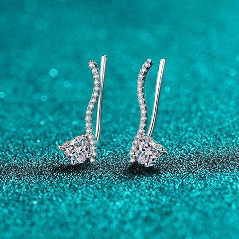 Pendientes Trepadores de Plata de Ley S925 Corazón Moissanita Circonia Baño de Rodio Línea Elegante Joyería para Mujer