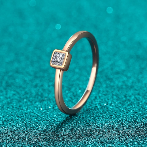 Anello in Argento Sterling S925 Con Moissanite per Donna Oro Champagne Taglio Princess Minimalista Elegante Gioielli Solitario