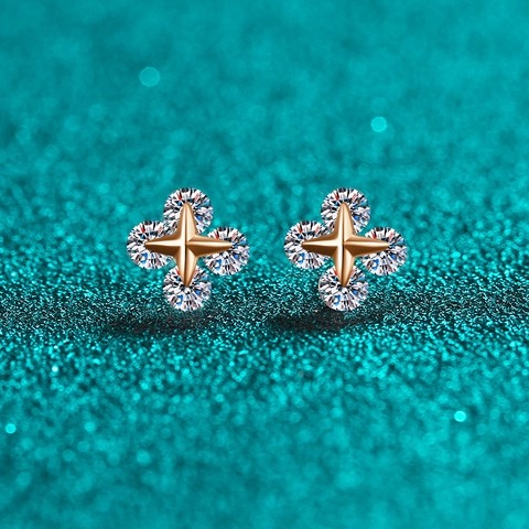 925 Sterling Silver Moissanite Stud Earrings Champagne Gold Star Clover Shape For Women Simple High-end Fashion Jewelry Gift