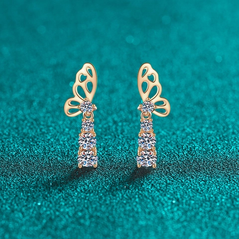 Boucles d'Oreilles Puces Papillon en Argent Sterling 925 Avec Moissanite Or Champagne Boucles d'Oreilles Pendantes Pierres Rondes Pour Femme Bijoux
