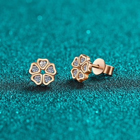 S925 Sterlingsilber Moissanit Herz Blütenblatt Blume Ohrstecker Für Damen Champagner Gold Frisch Süß Stil Schmuck Geschenk