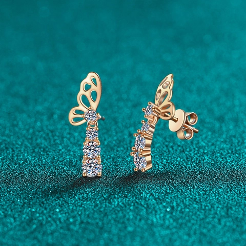 Boucles d'Oreilles Puces Papillon en Argent Sterling 925 Avec Moissanite Or Champagne Boucles d'Oreilles Pendantes Pierres Rondes Pour Femme Bijoux