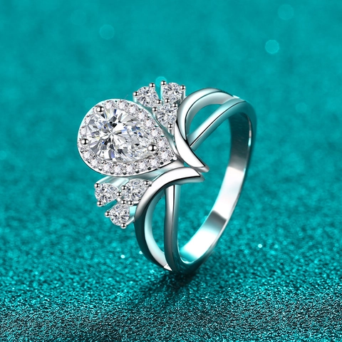 Eleganter S925 Sterlingsilber Birnenschliff Moissanit Ring Für Damen V-Form Hohl Krone Halo Zirkonia Hochzeit Schmuck