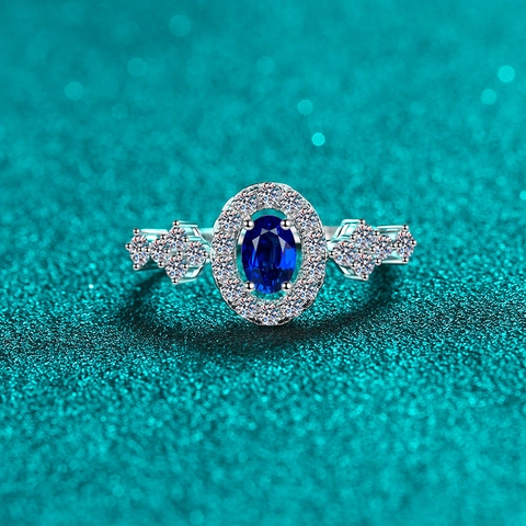 Anello in Argento Sterling 925 Moissanite Ovale per Donna Moissanite Blu Bianca Zirconia Elegante Incastonatura a Pavé Strass Anello Gioielli