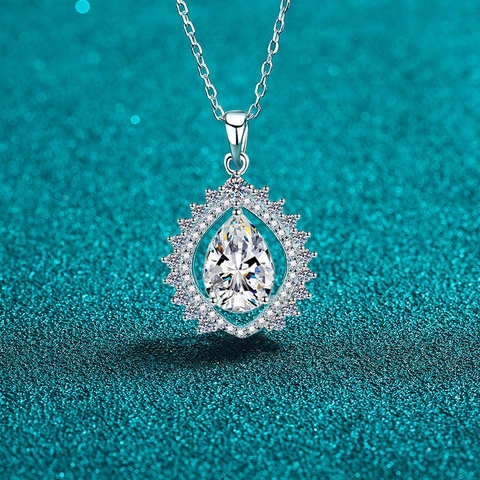 S925 Sterling Silver Pear Shaped Moissanite Pendant Necklace For Women Elegant Halo Sunflower Waterdrop Zirconia Jewelry Gift