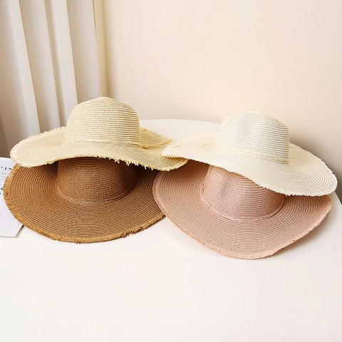 Women's Wide Brim Straw Hat Summer Beach Sun Hat with Bow and Fringe Edge Breathable Papyrus Woven Sunshade Fedora Hat