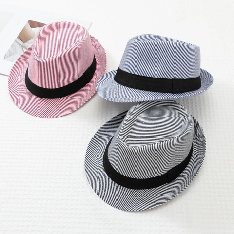 Cappello Fedora a Righe da Uomo Estate Spiaggia Parasole Jazz Panama Misto Cotone Poliestere Traspirante Tesa Corta Retro