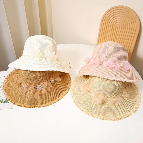 Sombrero de Paja de Ala Ancha para Mujer Con Flor de Satén y Perlas Artificiales Estilo Pastoral Protección Solar Playa