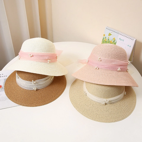 Sombrero de Sol de Paja de Papel Tejido para Mujer Elegante Lazo de Malla Perla Artificial Ala Ancha Vacaciones Verano