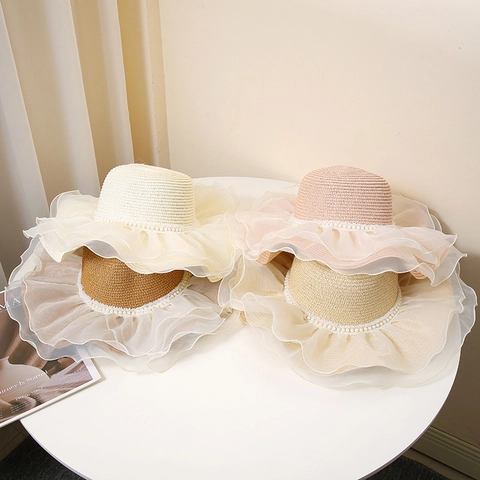 Sombrero de Sol de Paja de Papel Elegante para Mujer Con Ala Ancha de Volantes de Organza Decoración de Perlas Artificiales Protección UV Playa Vacaciones