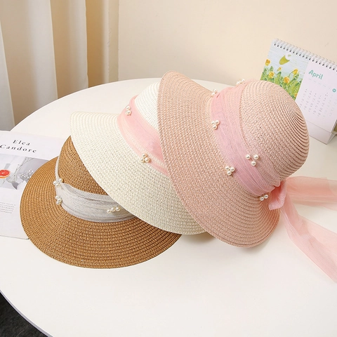 Sombrero de Sol de Paja de Papel Tejido para Mujer Elegante Lazo de Malla Perla Artificial Ala Ancha Vacaciones Verano