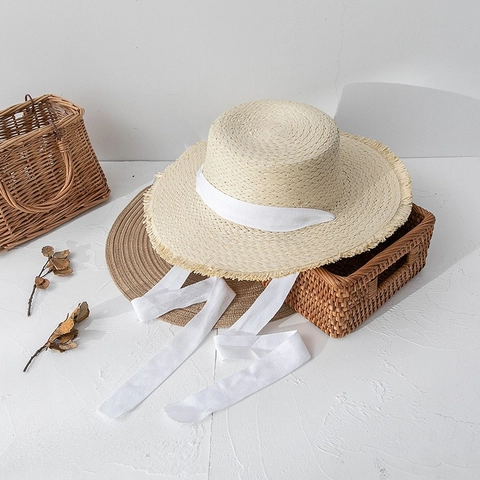 Women Summer Flat Top Paper Straw Hat Frayed Edge Wide Brim Beach Sun Hat Handcrafted Breathable Ribbon Decor Vacation Sunshade Cap