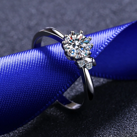 Dames 925 Sterling Zilver Moissaniet Ring Elegant Ronde Slijpvorm Zes-Klauw Solitair Blad Accent Jubileum Huwelijk Sieraden Cadeau