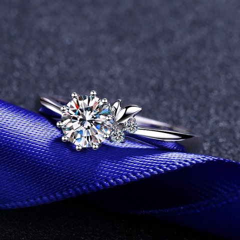 Dames 925 Sterling Zilver Moissaniet Ring Elegant Ronde Slijpvorm Zes-Klauw Solitair Blad Accent Jubileum Huwelijk Sieraden Cadeau