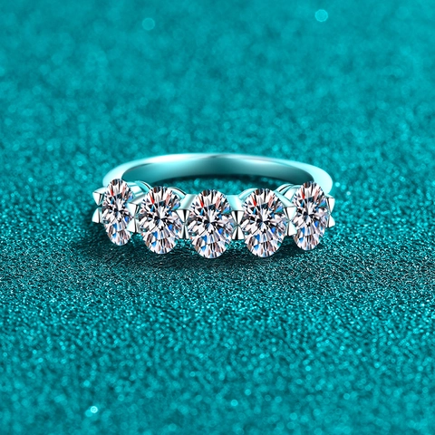 925 Sterling Silver 2.5ct Moissanite Ring For Women Oval Cut 5 Stone Row Band Electroplated Luxury Half Eternity Jewelry