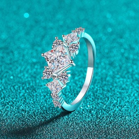 Anillo de Plata de Ley S925 Con Moissanita y Circonia para Mujer Corte Princesa Cuadrado Engaste de Racimo Geométrico Joyería de Moda Lujo